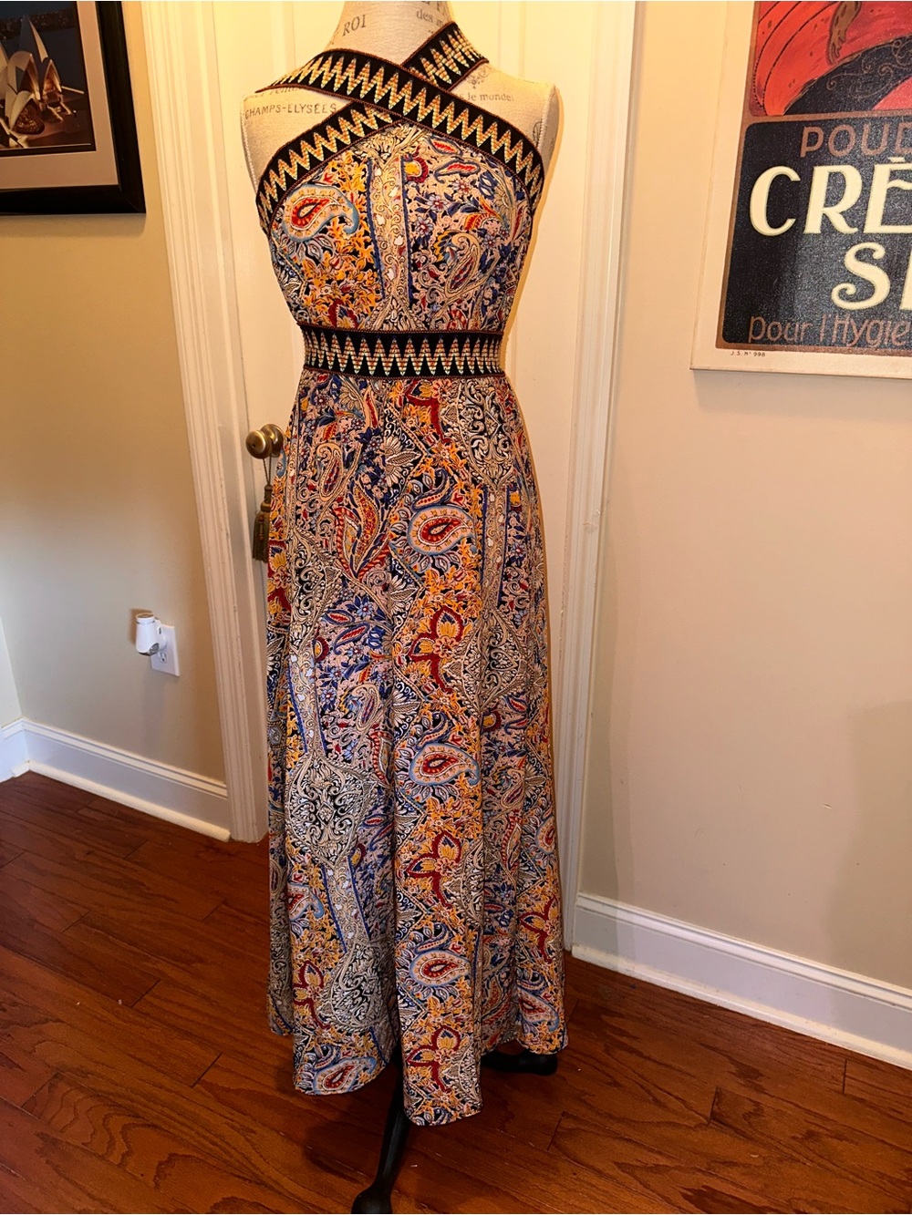 SHEIN Blue Multicolor Paisley Halter Maxi Dress with Black Trim
